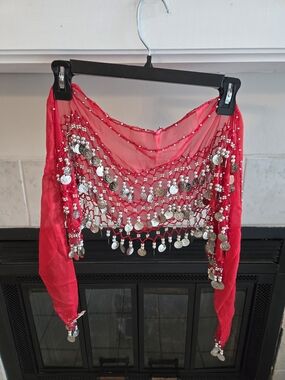 Red Coin Fringe Belly Dance Hip Scarf